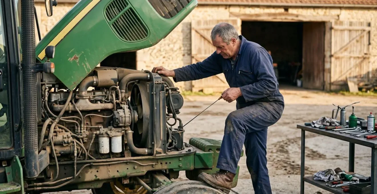 Agriculteur inspectant le compartiment moteur d'un tracteur John Deere d'occasion dans une cour de ferme, effectuant un contrôle de niveau d'huile pendant la maintenance préventive