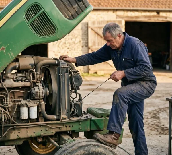 Agriculteur inspectant le compartiment moteur d'un tracteur John Deere d'occasion dans une cour de ferme, effectuant un contrôle de niveau d'huile pendant la maintenance préventive