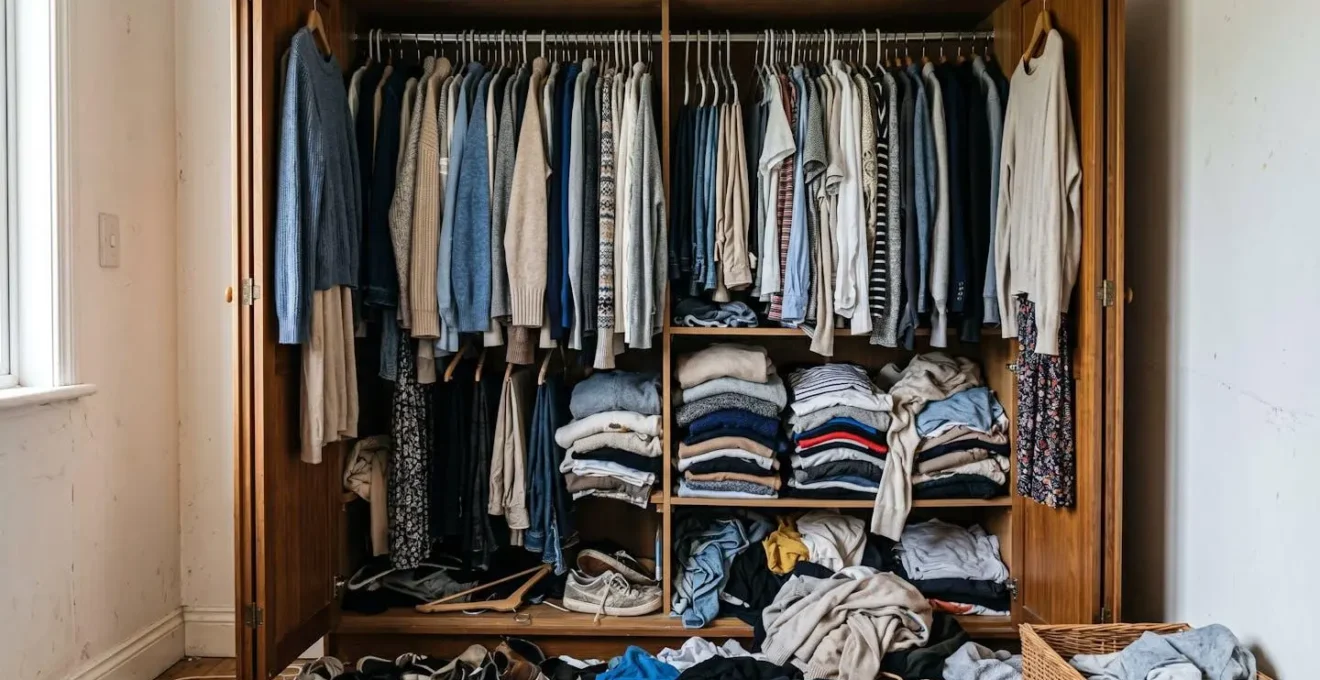 Armoire de vêtements ouverte et surchargée avec des habits entassés sur les cintres, des piles désordonnées et des articles tombés au sol