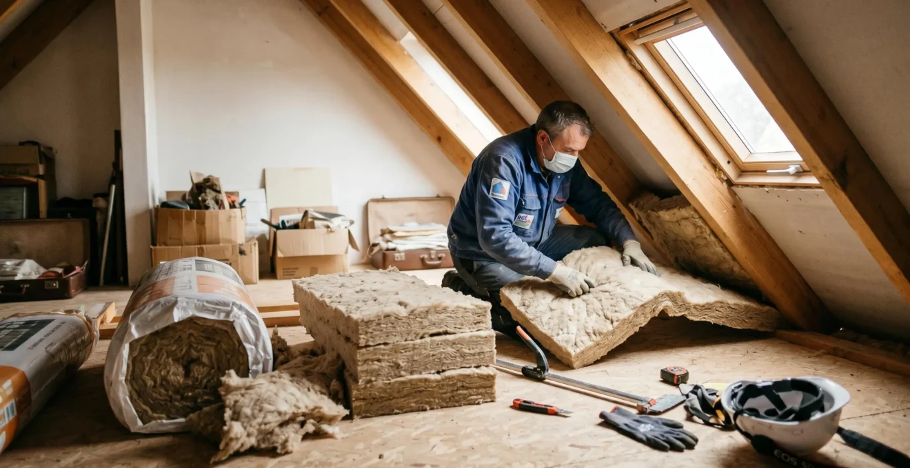 Artisan professionnel installant de l'isolation en laine minérale dans les combles d'une maison individuelle, avec outillage et matériaux au premier plan, lumière naturelle provenant d'une fenêtre de toit