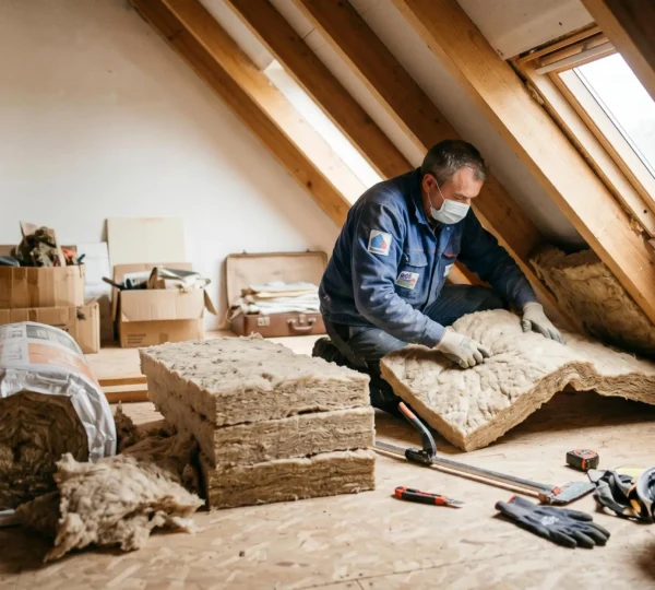 Artisan professionnel installant de l'isolation en laine minérale dans les combles d'une maison individuelle, avec outillage et matériaux au premier plan, lumière naturelle provenant d'une fenêtre de toit