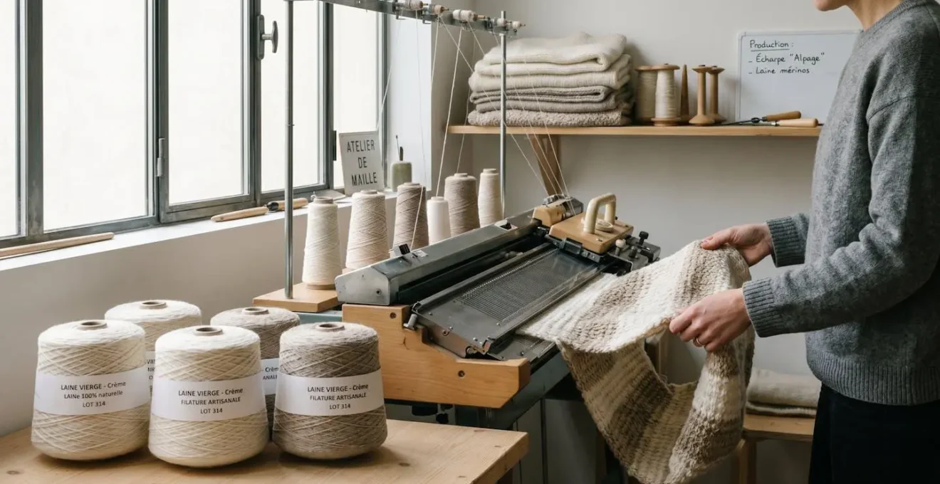 Atelier textile français montrant un métier à tricoter la laine naturelle avec des mains d'artisan manipulant la maille, pelotes de laine beige au premier plan, lumière naturelle douce