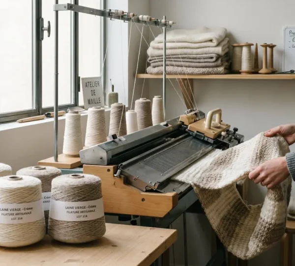 Atelier textile français montrant un métier à tricoter la laine naturelle avec des mains d'artisan manipulant la maille, pelotes de laine beige au premier plan, lumière naturelle douce