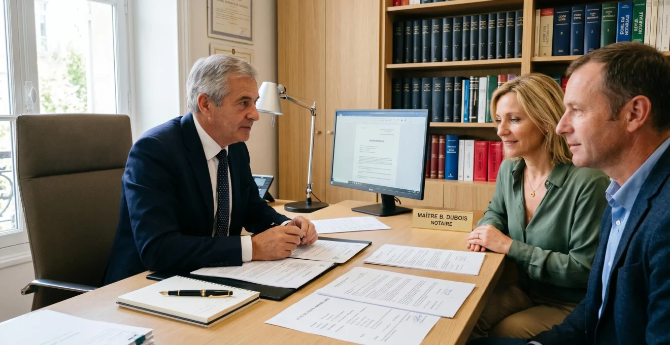 Bureau de notaire contemporain en France avec couple d'acquéreurs assis face au notaire, documents d'acte de vente en français étalés sur le bureau en chêne clair, bibliothèque juridique en arrière-plan, lumière naturelle douce créant une ambiance professionnelle