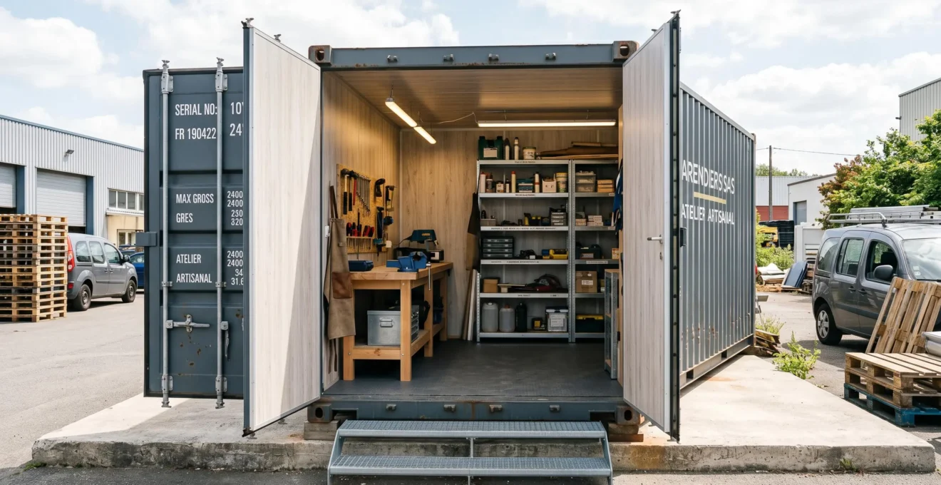 Container maritime 20 pieds transformé en atelier professionnel avec portes ouvertes, intérieur équipé visible (établi, étagères, éclairage LED), isolation apparente, posé sur dalle béton dans une zone artisanale française