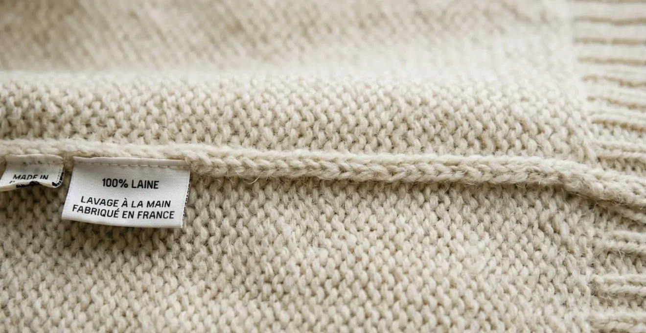 Gros plan macro sur la couture plate et la texture d'un vêtement en maille de laine montrant la densité régulière du tricot et une étiquette composition 100% laine