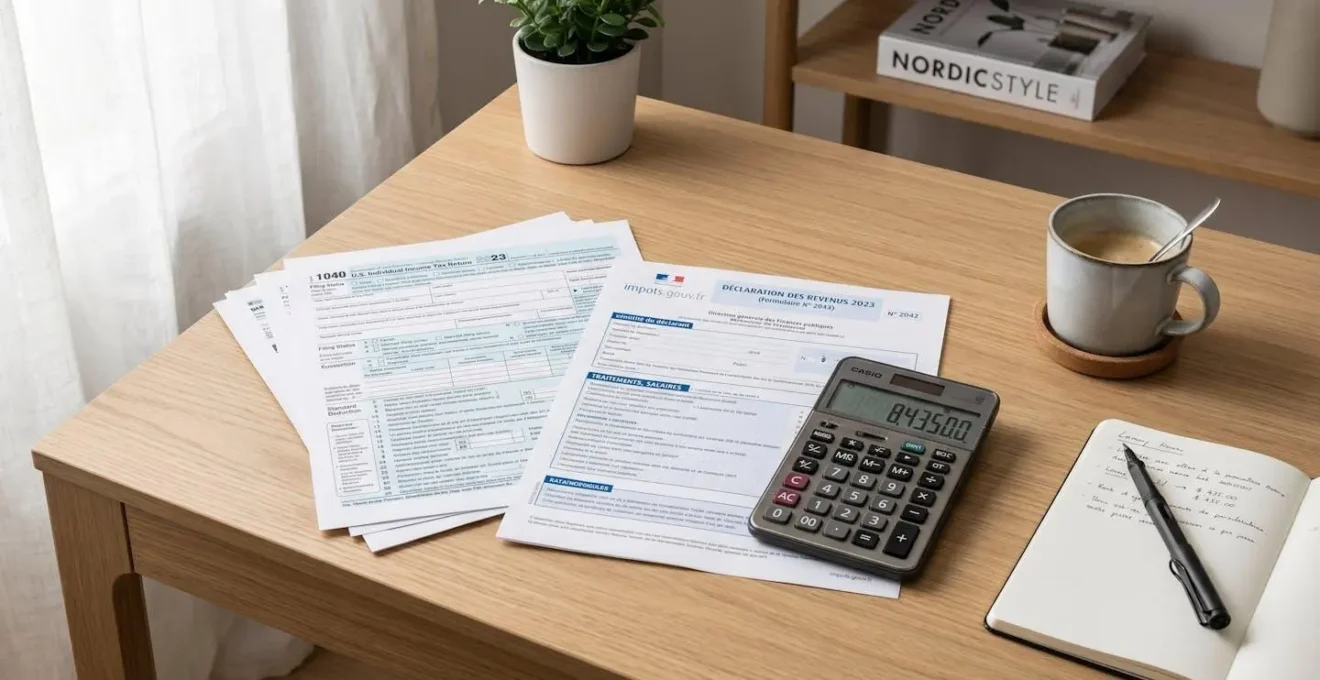 Documents fiscaux officiels USA (formulaire IRS) et France (déclaration revenus fonciers) disposés sur un bureau, illustrant les obligations déclaratives cross-border pour investisseurs immobiliers internationaux