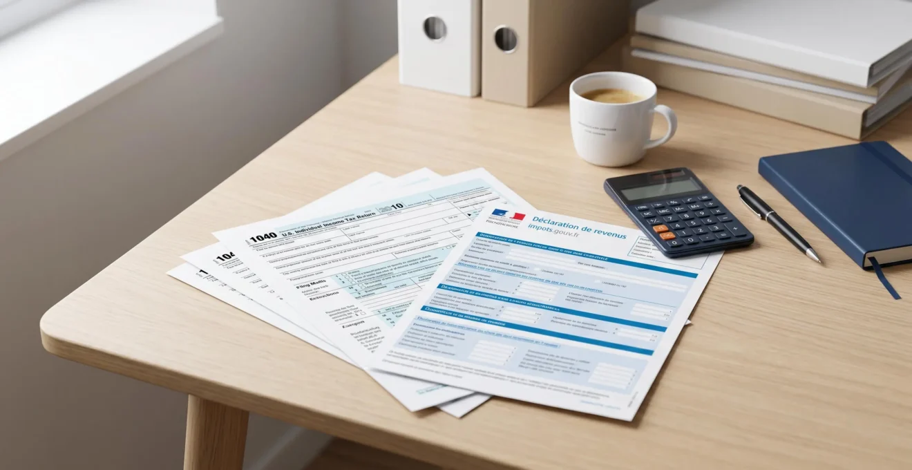 Documents fiscaux officiels USA (formulaire IRS) et France (déclaration revenus fonciers) disposés sur un bureau, illustrant les obligations déclaratives cross-border pour investisseurs immobiliers internationaux