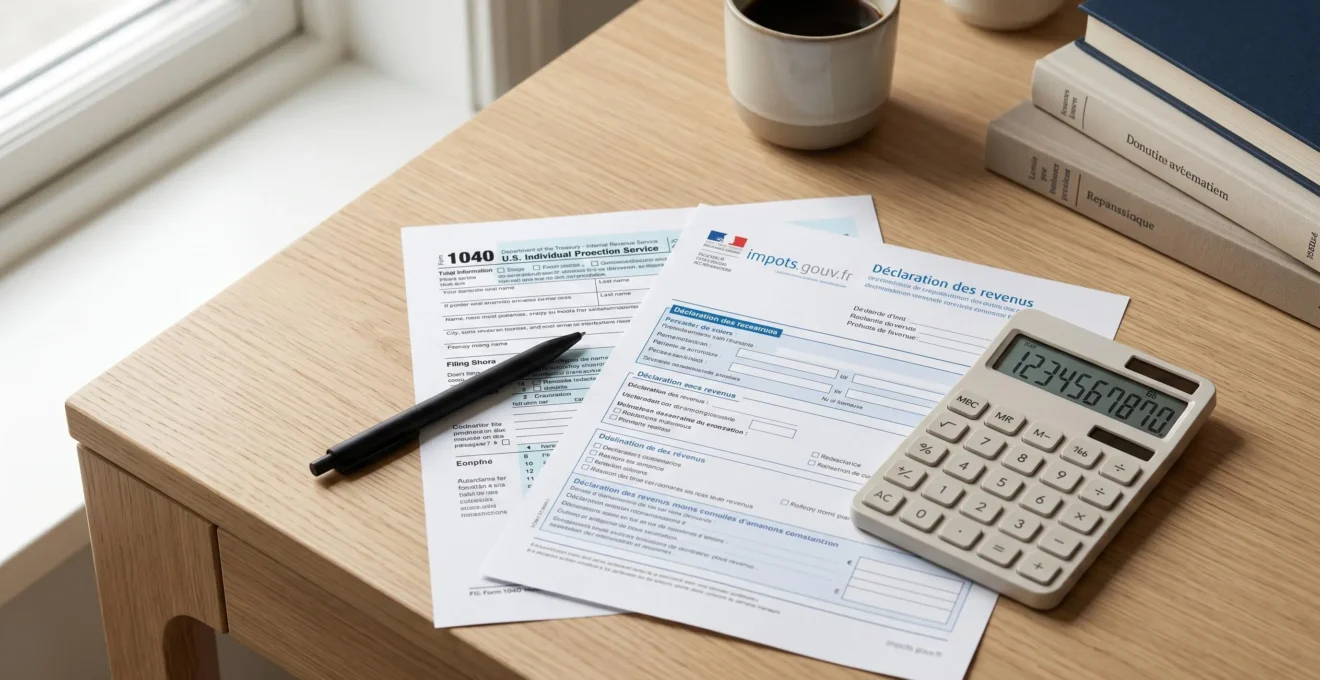 Documents fiscaux officiels USA (formulaire IRS) et France (déclaration revenus fonciers) disposés sur un bureau, illustrant les obligations déclaratives cross-border pour investisseurs immobiliers internationaux
