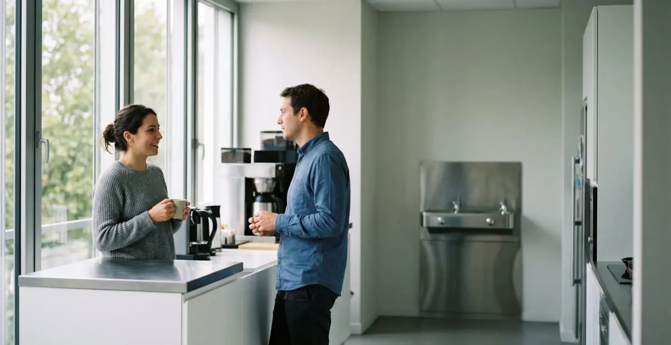 Espace de pause professionnel moderne avec fontaine à eau en arrière-plan et deux salariés en conversation naturelle près d'un comptoir blanc dans un bureau français contemporain éclairé par la lumière naturelle