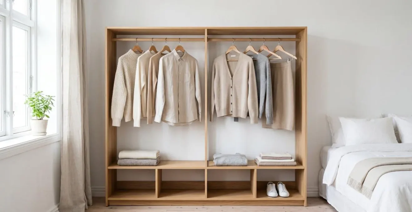 Penderie minimaliste organisée avec un nombre limité de vêtements de qualité en laine espacés sur des cintres en bois, palette coordonnée de tons beiges et blancs, lumière naturelle