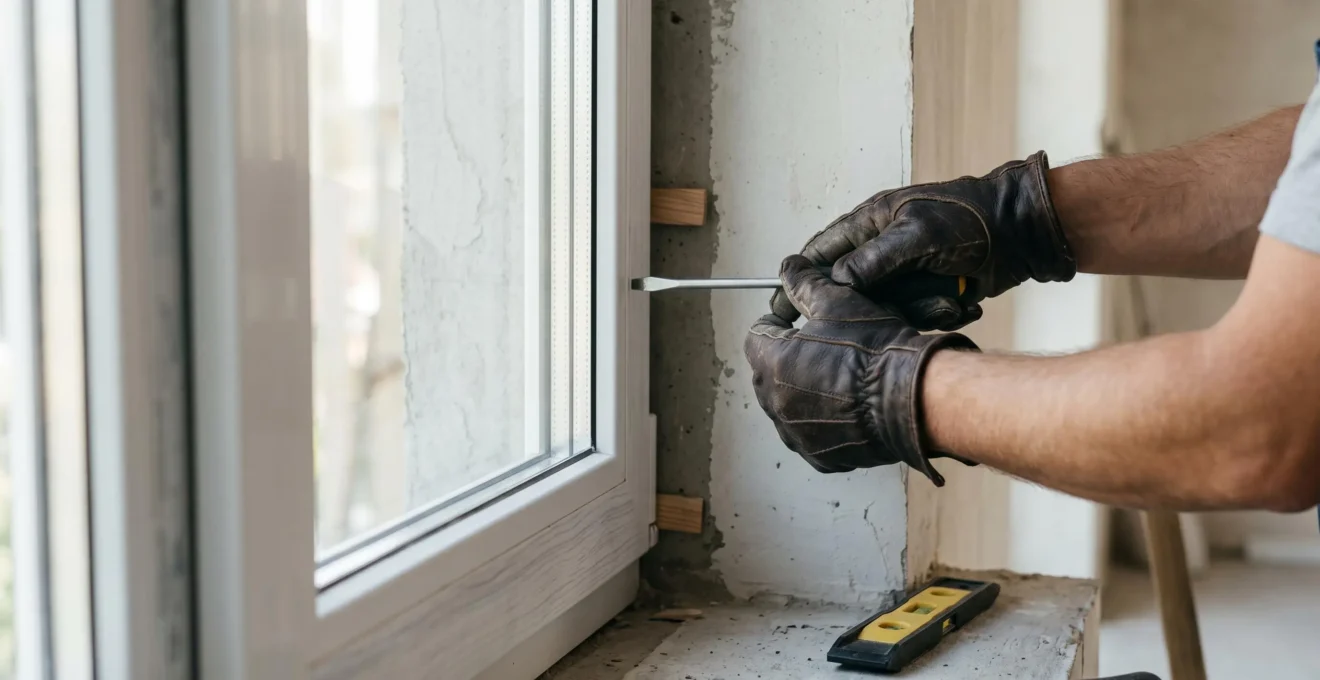 Gros plan sur les mains d'un artisan installant une fenêtre PVC double vitrage, avec outils de pose professionnels et cadre blanc moderne