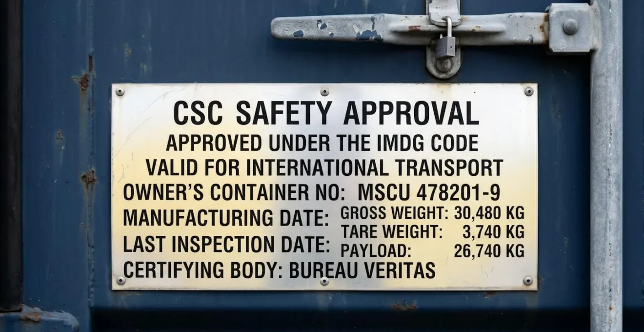 Gros plan d'une plaque CSC de sécurité apposée sur la porte métallique d'un container maritime, affichant numéro d'identification, dates de fabrication et de contrôle, et organisme certificateur
