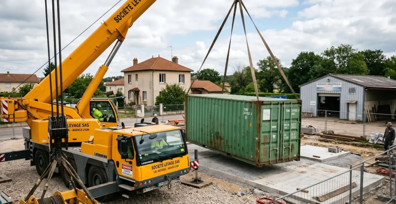 Grue mobile déposant un container maritime 20 pieds suspendu par sangles sur un terrain préparé avec dalle béton, opérateur dans la cabine, environnement résidentiel français en arrière-plan