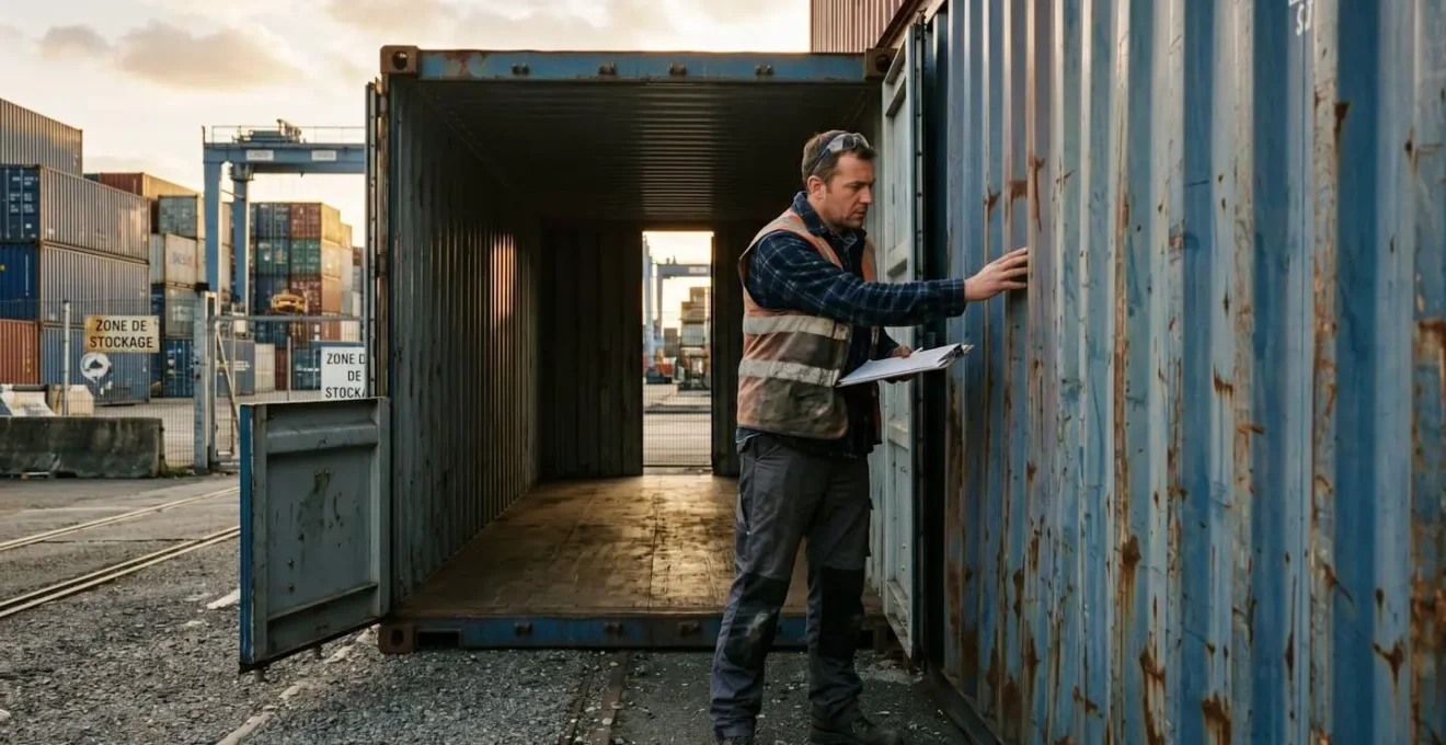Inspecteur professionnel examinant la paroi latérale d'un container maritime 20 pieds sur un dépôt industriel, carnet à la main, porte ouverte montrant l'intérieur vide, autres containers empilés en arrière-plan