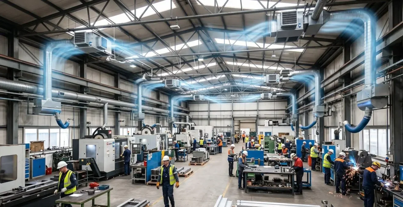Vue d'ensemble d'une installation de filtration industrielle avec flux d'air visible dans un atelier