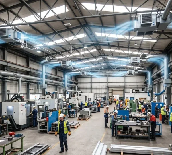 Vue d'ensemble d'une installation de filtration industrielle avec flux d'air visible dans un atelier