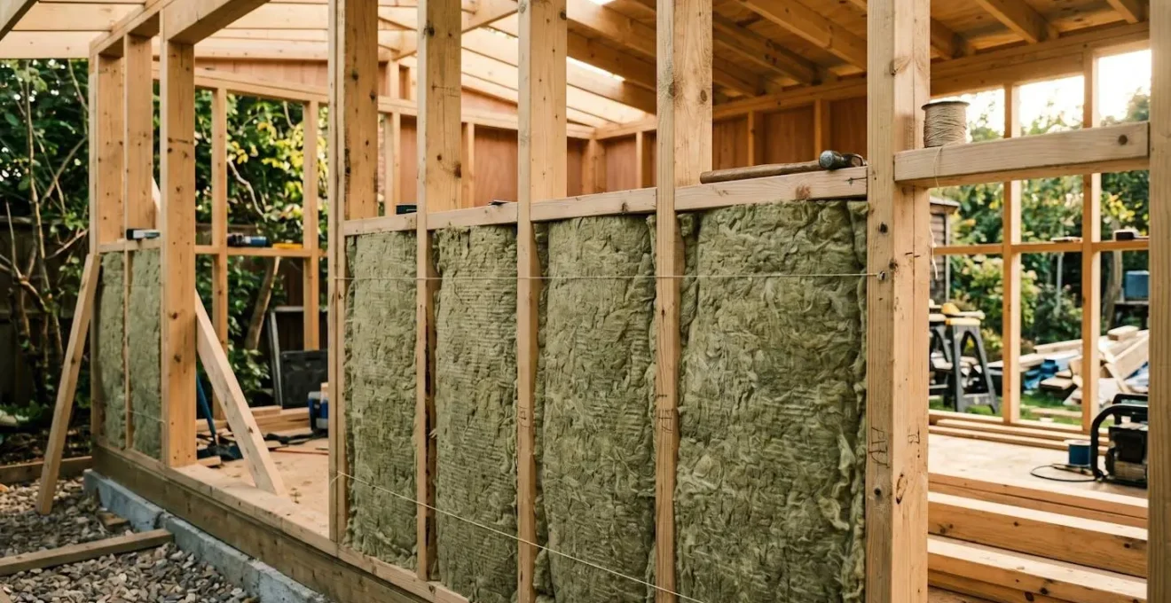 Détail d'une paroi isolée d'un studio de jardin, laine minérale visible entre les montants bois avant fermeture