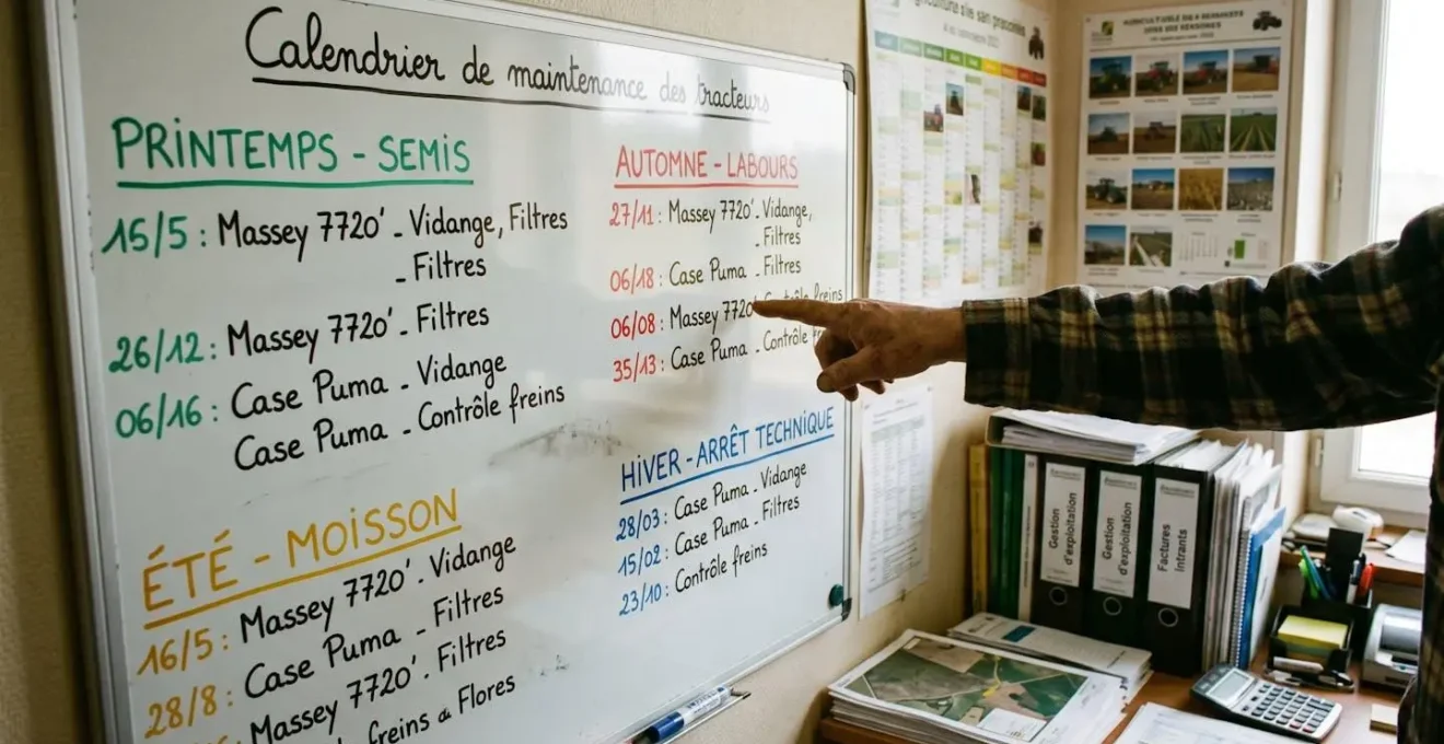 Planning mural d'exploitation agricole montrant le calendrier d'entretien du tracteur synchronisé avec les saisons culturales de l'année