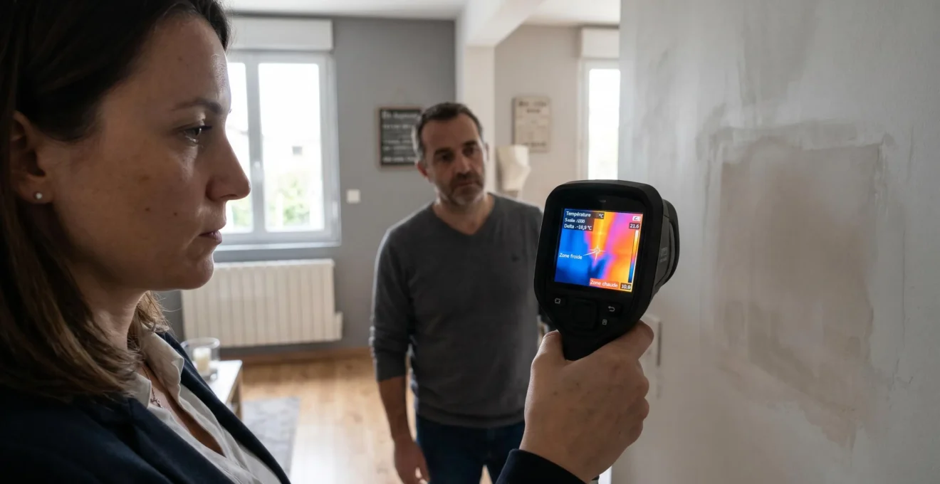 Professionnel certifié utilisant une caméra thermique infrarouge pour diagnostiquer les déperditions énergétiques dans un salon de maison individuelle, écran affichant un gradient de températures