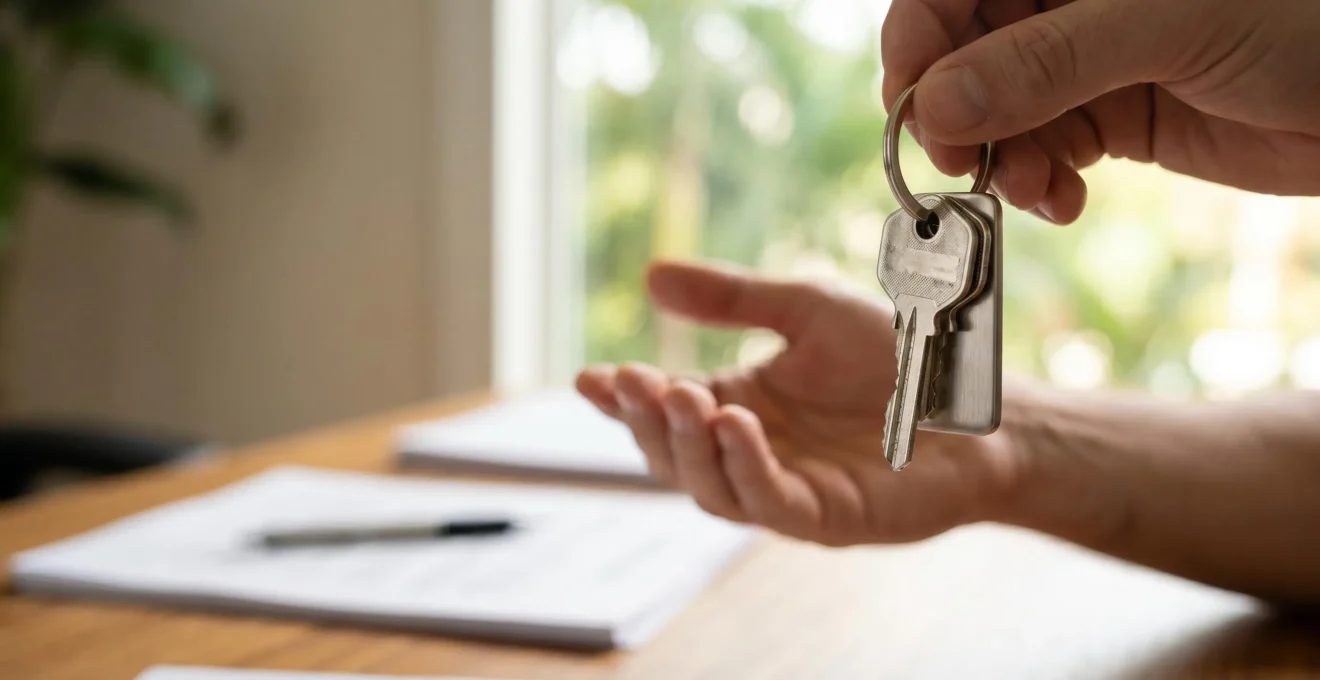 Professionnel d'une title company en Floride présentant des documents de closing (acte de vente final) lors d'une transaction immobilière, illustrant l'étape finale du processus d'acquisition