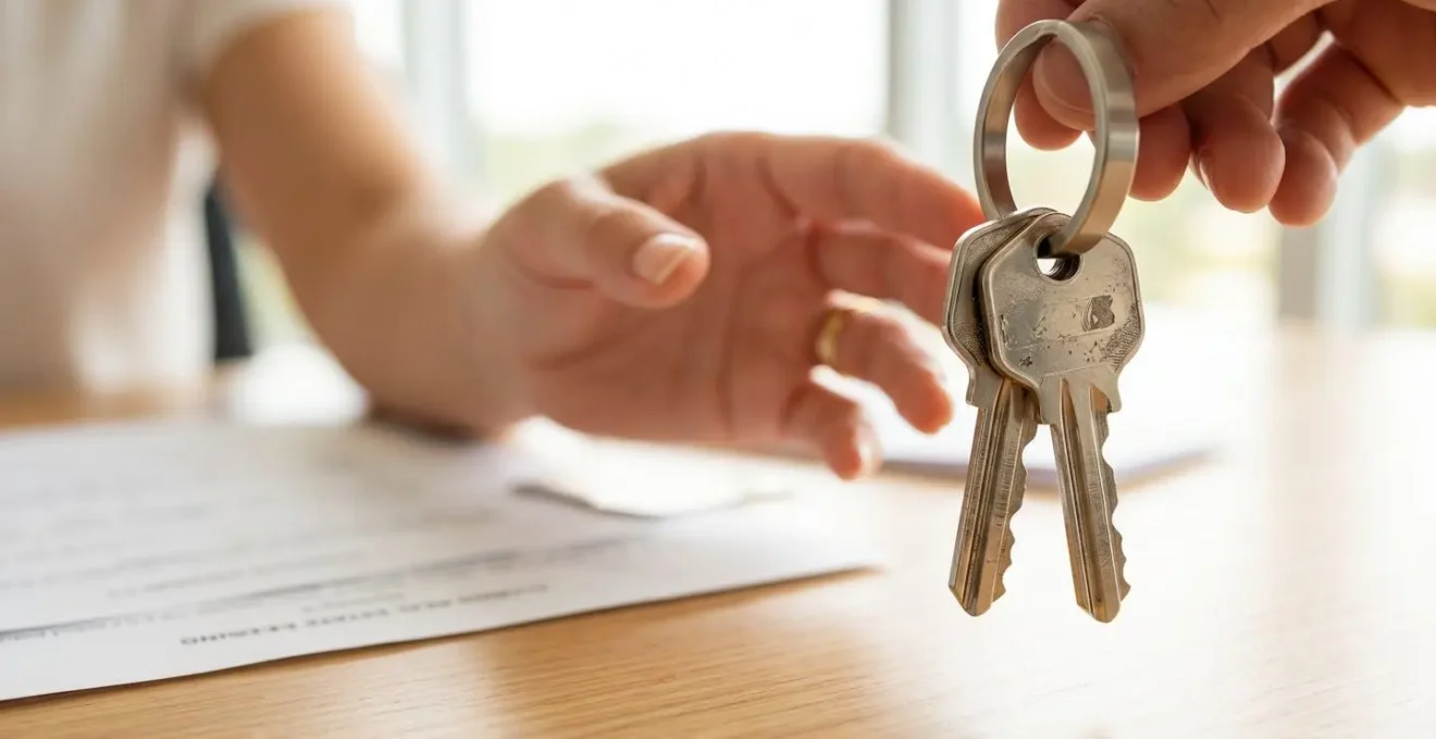 Professionnel d'une title company en Floride présentant des documents de closing (acte de vente final) lors d'une transaction immobilière, illustrant l'étape finale du processus d'acquisition