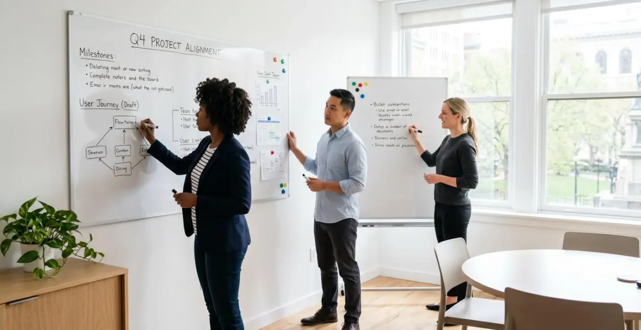 Salle de réunion professionnelle équipée d'un grand tableau blanc magnétique fixé au mur, avec plusieurs collaborateurs debout en train d'écrire et d'annoter des documents