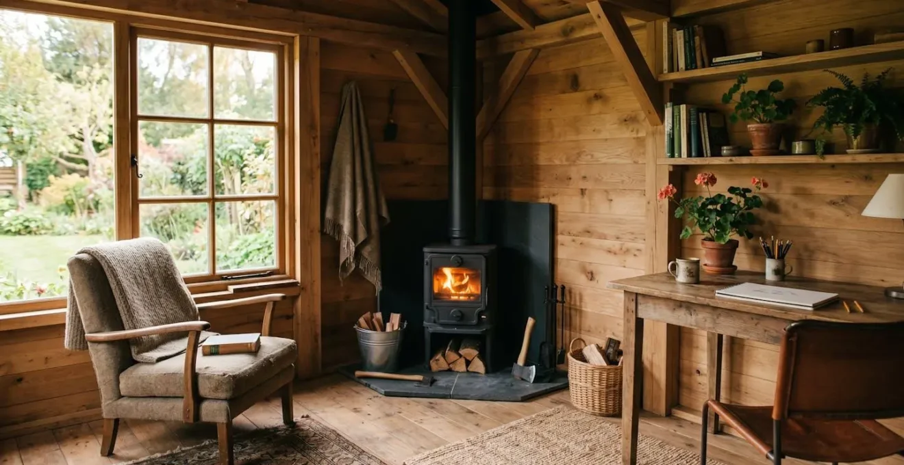 Intérieur chaleureux d'un studio de jardin avec un petit poêle à bois allumé, ambiance lumineuse et boisée
