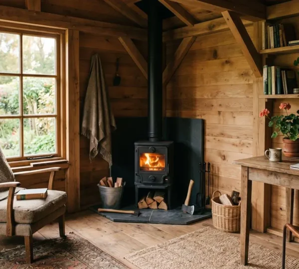 Intérieur chaleureux d'un studio de jardin avec un petit poêle à bois allumé, ambiance lumineuse et boisée