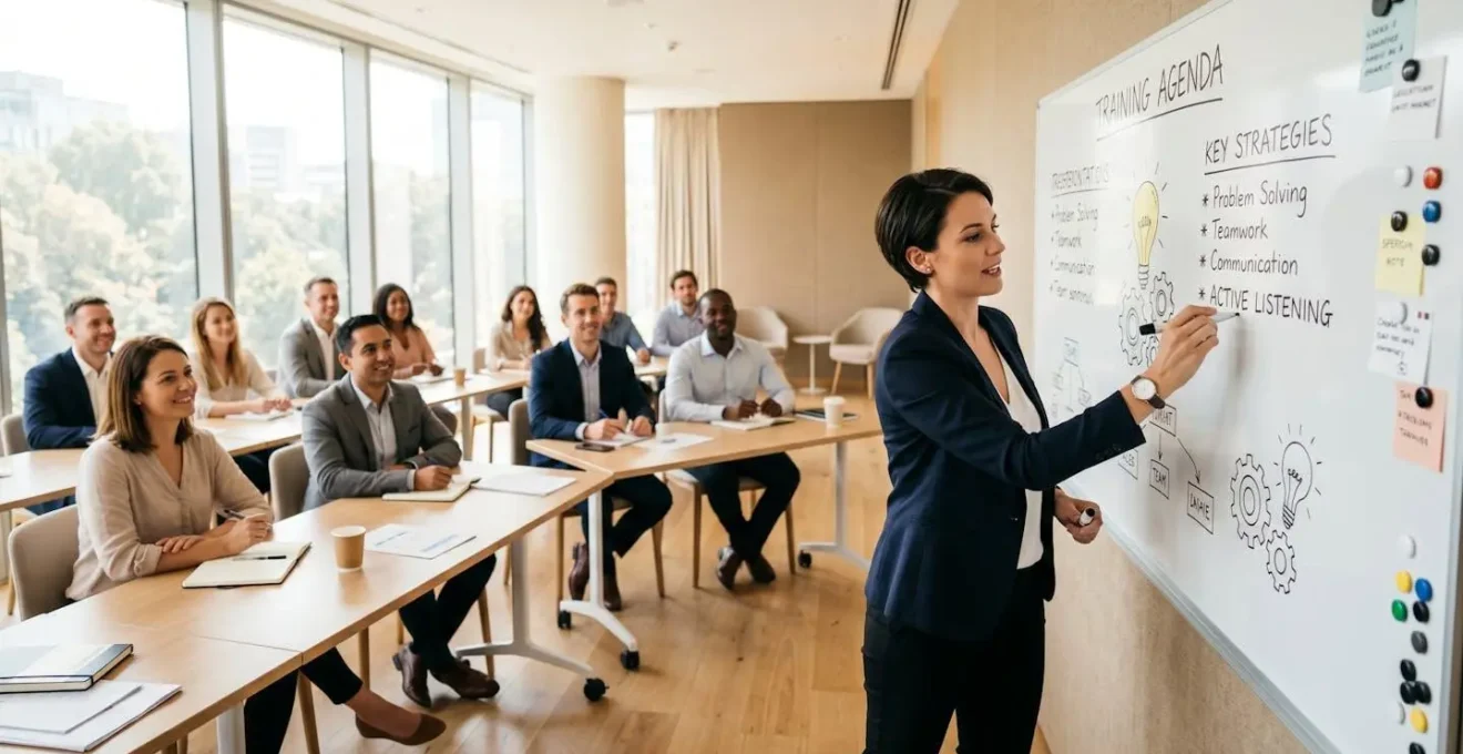 Formateur écrivant sur un tableau blanc émaillé dans une salle de formation professionnelle lumineuse, marqueur en main, groupe de participants en arrière-plan