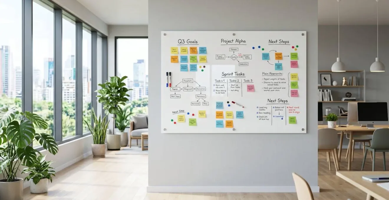Tableau en verre magnétique blanc fixé sur un mur gris clair dans un bureau open space moderne, post-its colorés aimantés sur la surface, plantes vertes en arrière-plan