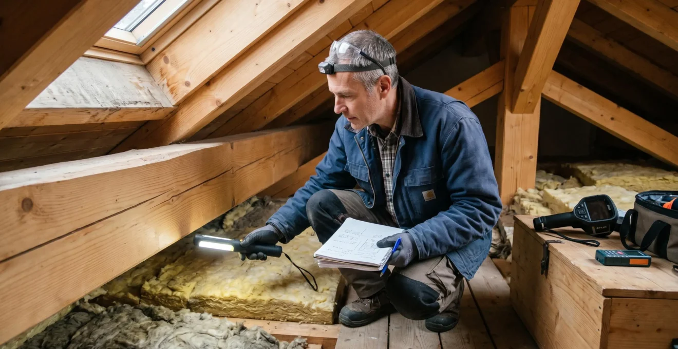 Technicien certifié avec lampe d'inspection examinant l'isolation d'un grenier de chalet aux Gets, poutres en bois massif apparentes, caméra thermique infrarouge et carnet technique visibles sous la lumière naturelle filtrée d'une lucarne