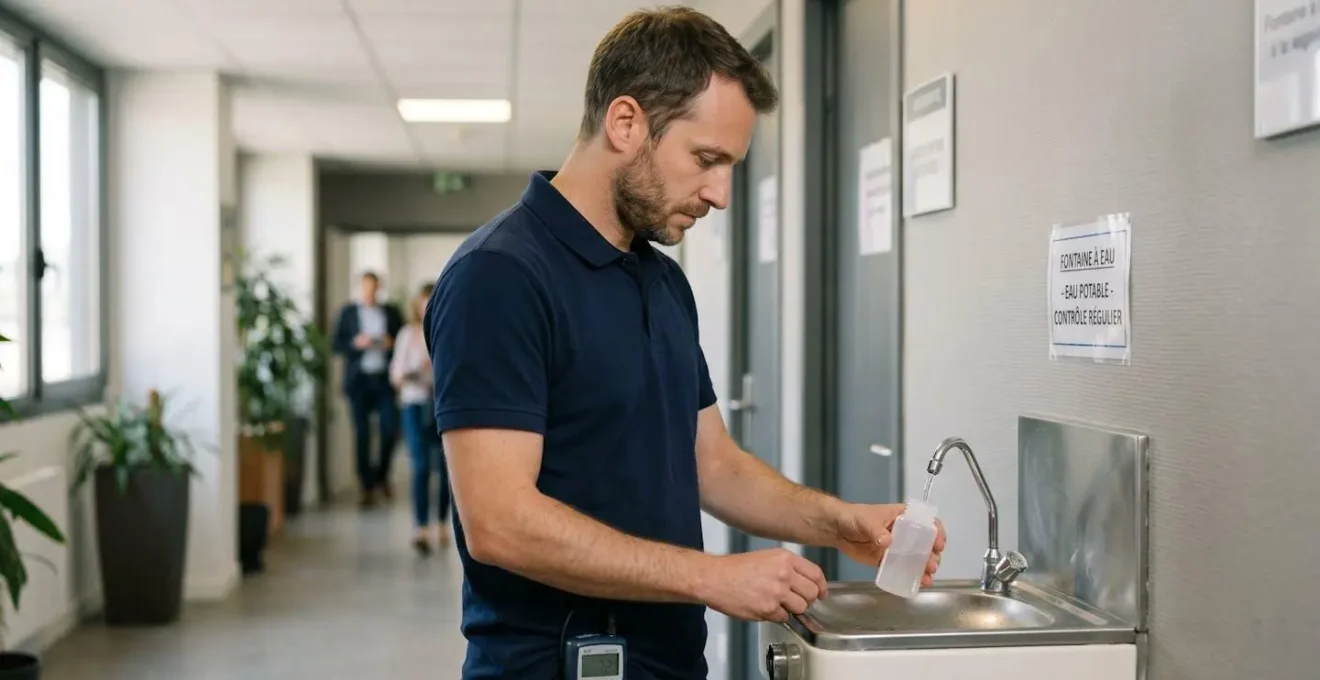 Technicien professionnel effectuant un contrôle qualité sur une fontaine à eau murale dans un bureau français avec matériel de prélèvement