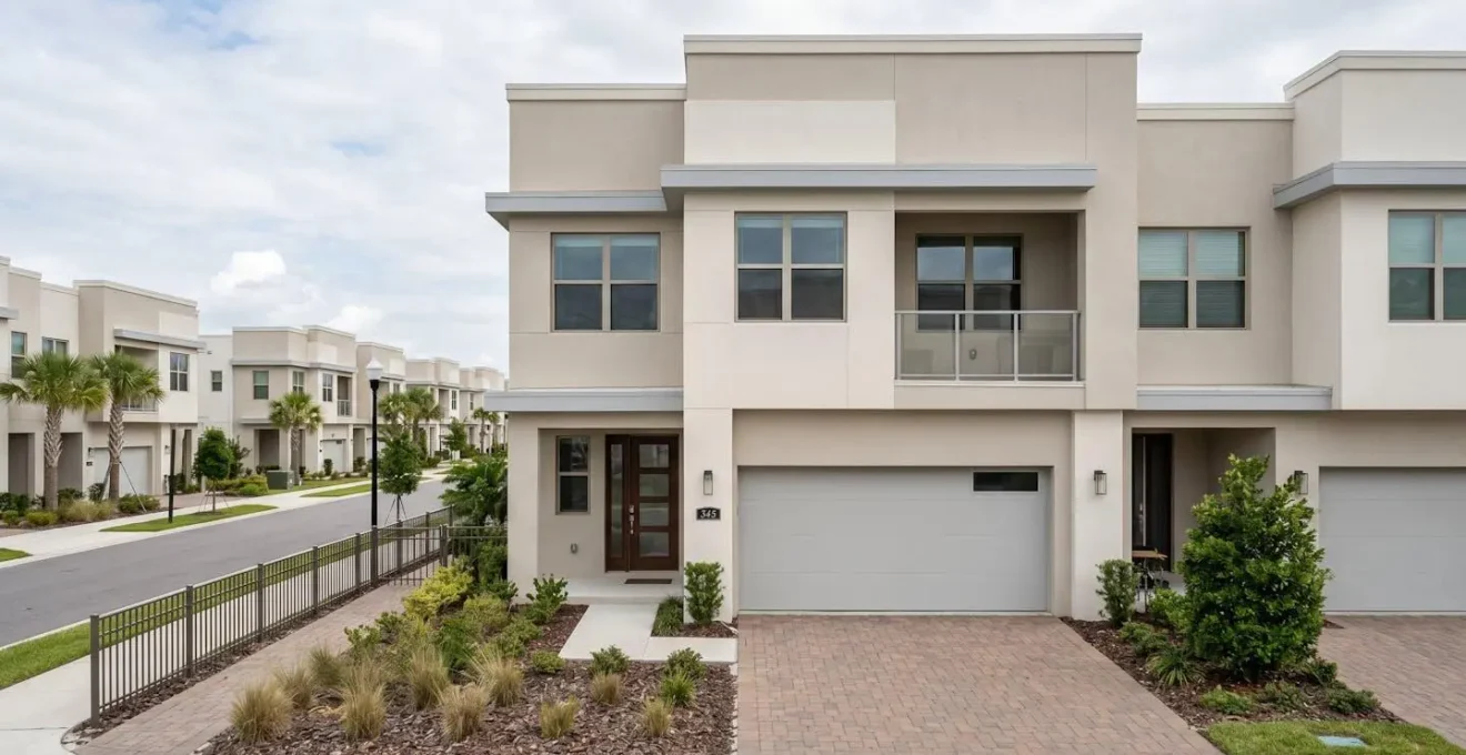 Townhouse de 2 étages dans une résidence sécurisée de Kissimmee, Floride, représentant le type de bien intermédiaire entre appartement et villa pour investissement locatif