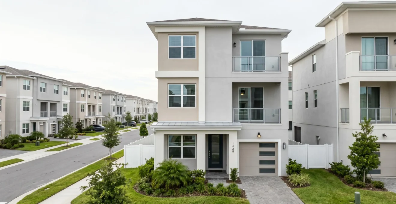 Townhouse de 2 étages dans une résidence sécurisée de Kissimmee, Floride, représentant le type de bien intermédiaire entre appartement et villa pour investissement locatif
