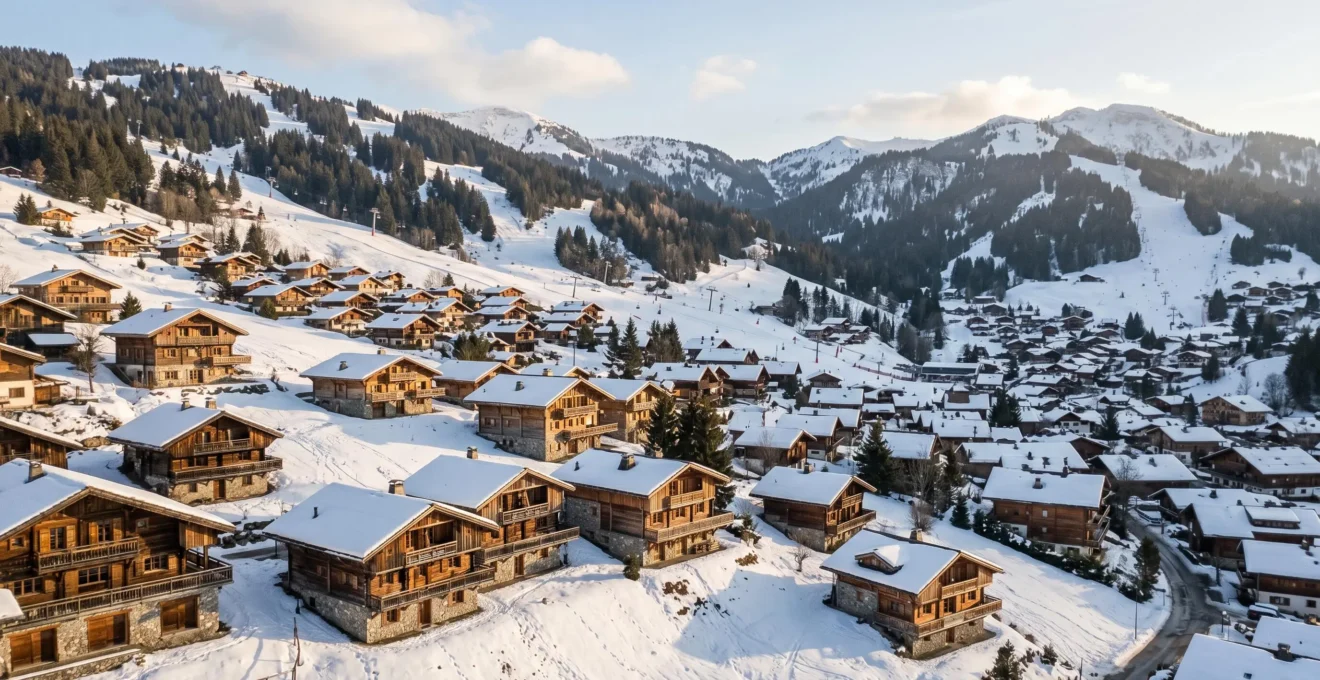 Vue aérienne du village des Gets en hiver montrant les chalets traditionnels savoyards en bois et pierre dispersés dans un paysage enneigé avec les pistes de ski du domaine Portes du Soleil en arrière-plan sous une lumière dorée de fin d'après-midi
