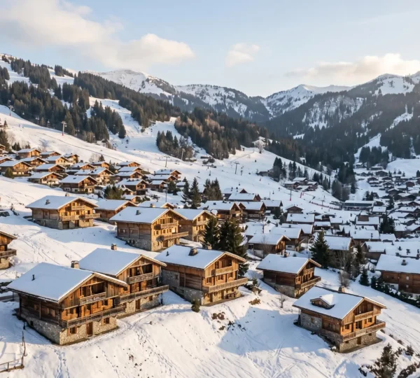 Vue aérienne du village des Gets en hiver montrant les chalets traditionnels savoyards en bois et pierre dispersés dans un paysage enneigé avec les pistes de ski du domaine Portes du Soleil en arrière-plan sous une lumière dorée de fin d'après-midi
