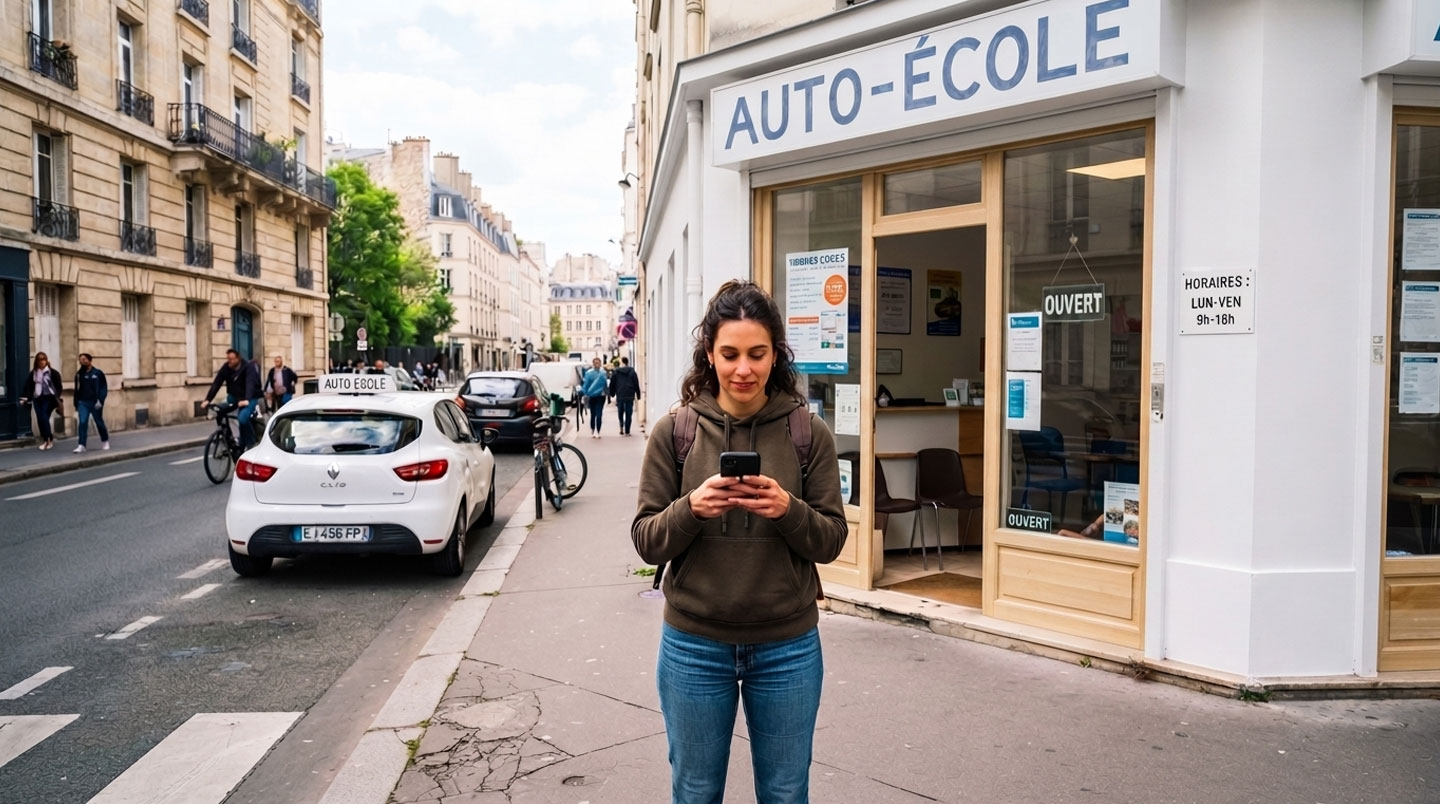Façade d'une auto-école française avec enseigne visible et véhicules à double commande garés devant l'établissement