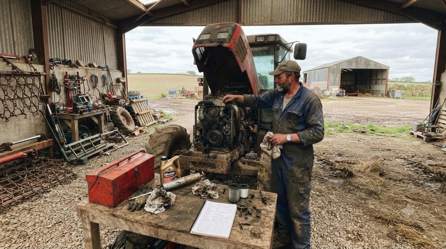 Planning mural d'exploitation agricole montrant le calendrier d'entretien du tracteur synchronisé avec les saisons culturales de l'année