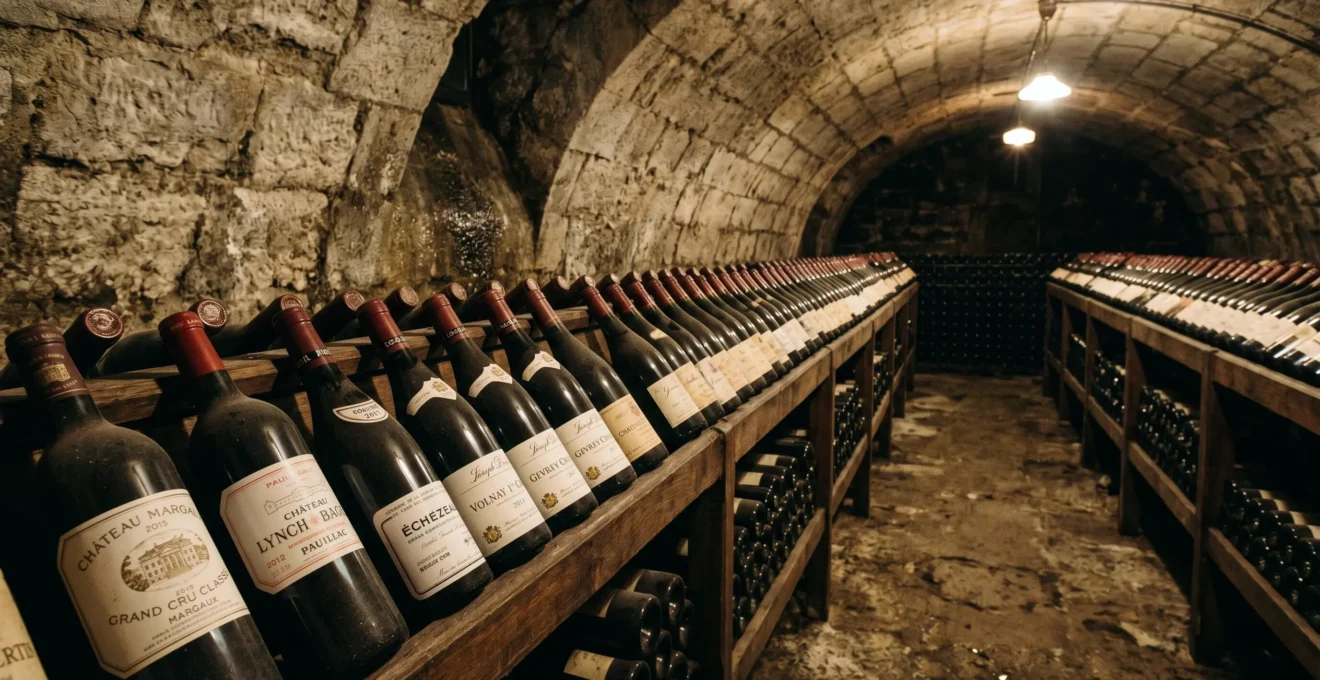 Cave de vieillissement souterraine française avec voûtes en pierre et rangées de bouteilles de vin rouge couchées sur casiers en bois, étiquettes millésimées visibles, éclairage tamisé révélant la robe des vins