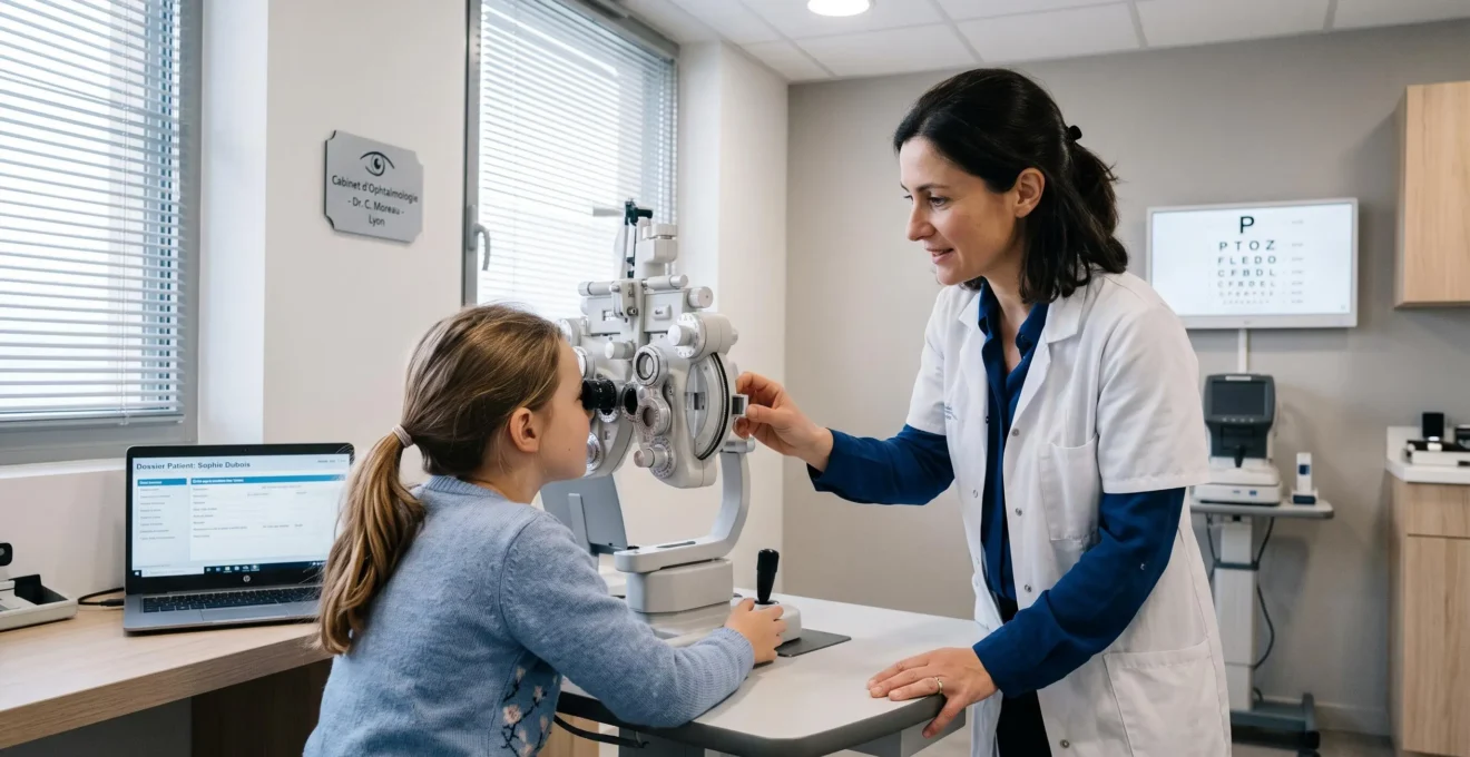 Enfant assis face à un réfracteur lors d'un examen de la vue dans un cabinet d'ophtalmologie moderne, accompagné par une professionnelle de santé