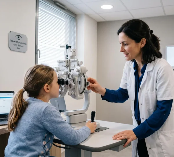 Enfant assis face à un réfracteur lors d'un examen de la vue dans un cabinet d'ophtalmologie moderne, accompagné par une professionnelle de santé