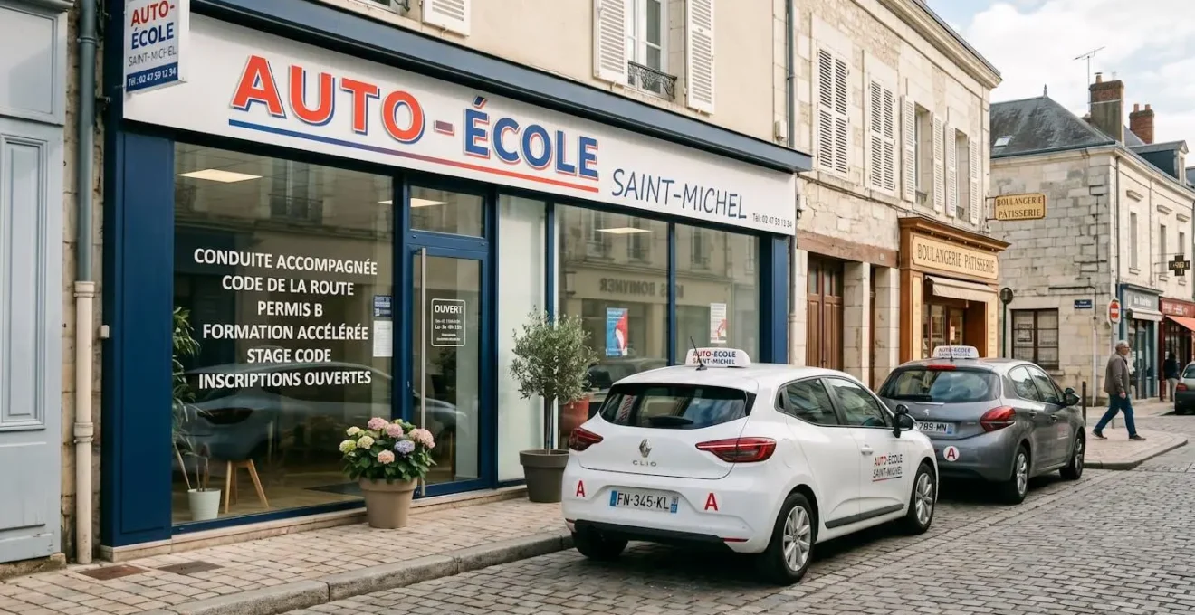 Façade d'une auto-école française avec enseigne visible et véhicules à double commande garés devant l'établissement