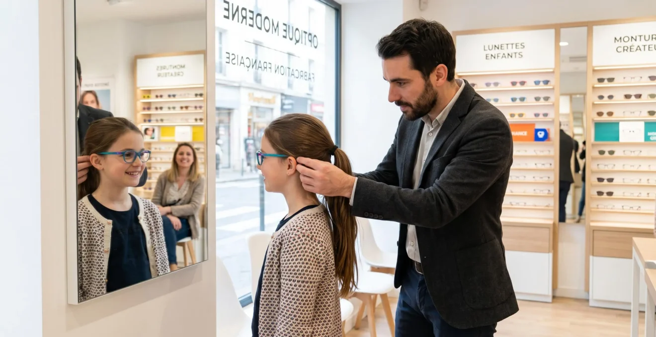 Fillette essayant des lunettes dans un magasin d'optique, accompagnée par un opticien ajustant la monture et un parent en arrière-plan