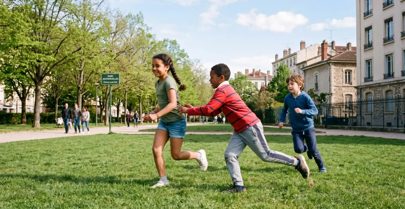Groupe d'enfants jouant librement dans un parc en plein air sous lumière naturelle, illustrant l'activité extérieure quotidienne recommandée