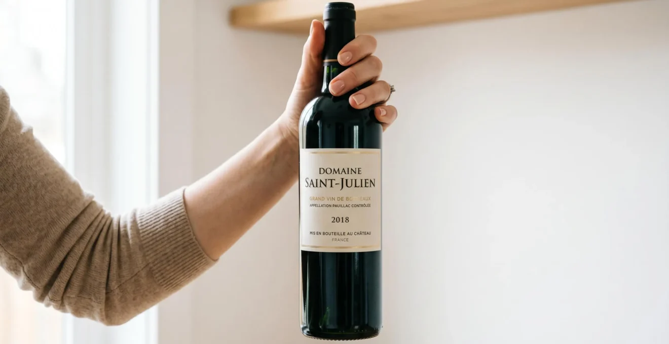 Main tenant une bouteille de vin rouge français avec étiquette détaillée lisible indiquant l'appellation, le millésime et la mise en bouteille, sur fond neutre clair