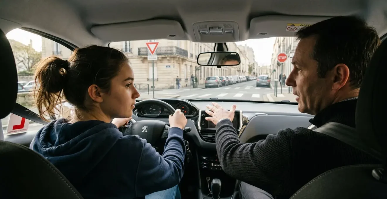 Moniteur d'auto-école expliquant un point de conduite à son élève à l'intérieur d'une voiture à double commande, environnement urbain français visible à travers le pare-brise