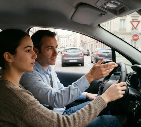 Moniteur d'auto-école expliquant un point de conduite à son élève à l'intérieur d'une voiture à double commande, environnement urbain français visible à travers le pare-brise