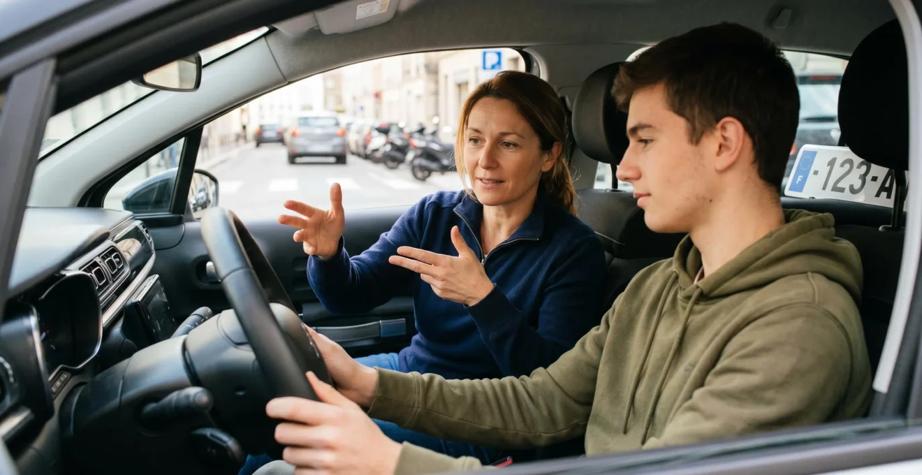 Moniteur d'auto-école utilisant des gestes pédagogiques pour expliquer un point technique à son élève dans une voiture garée