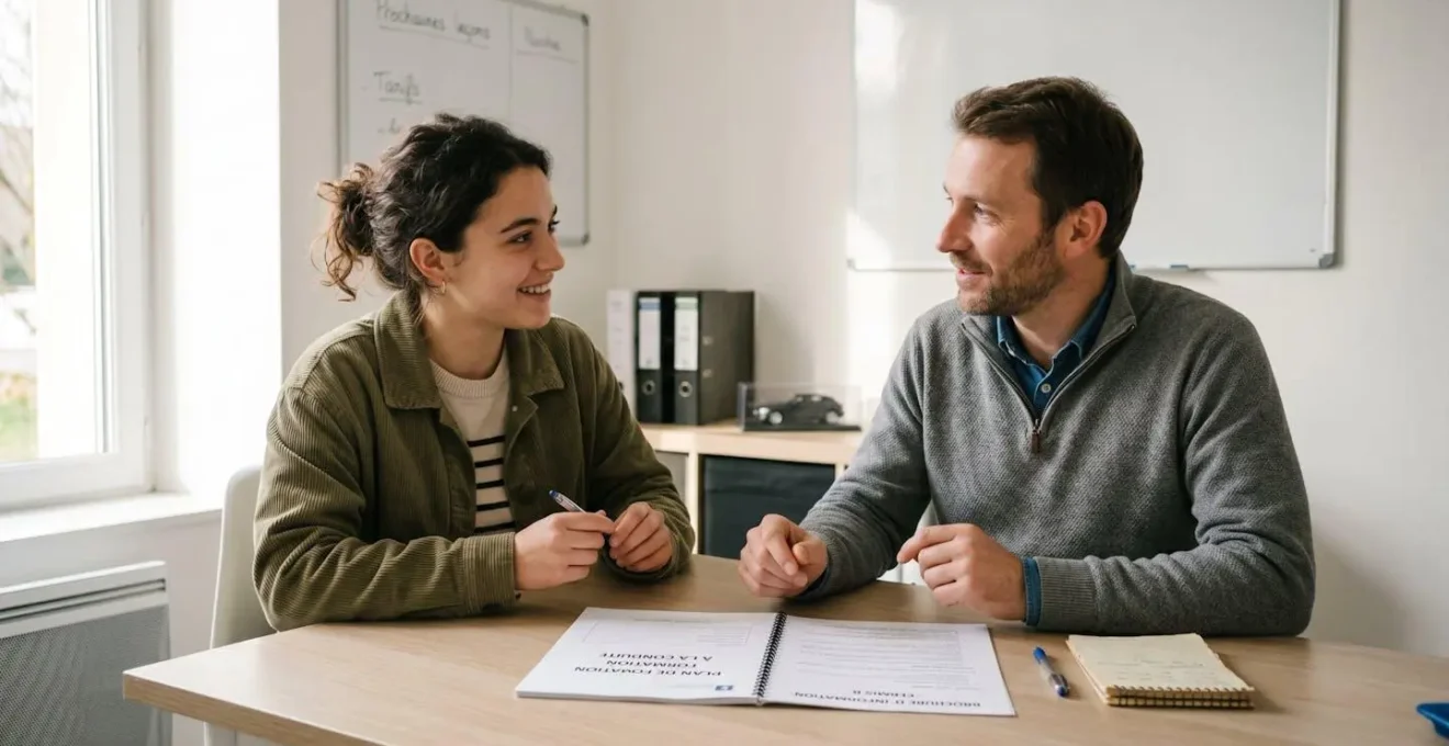 Premier rendez-vous entre un moniteur d'auto-école et un candidat, documents de formation visibles, ambiance professionnelle et accueillante